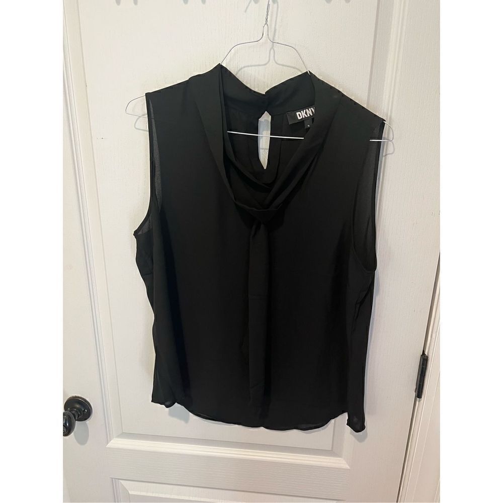 New DKNY black sleeveless tank with tie bow neck detail